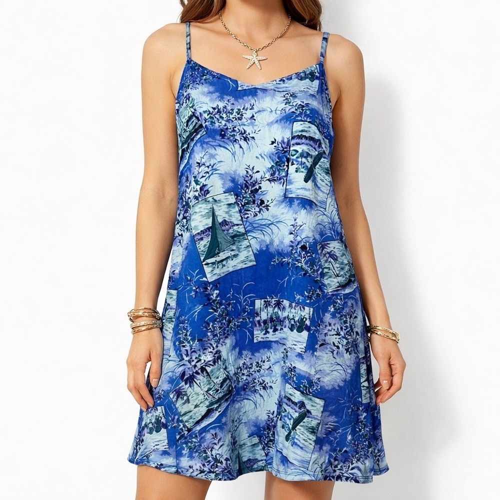 Vintage Hokus Pokus Hawaiian Dress Womens L Modern M Blue Surfing Sailing Beach
